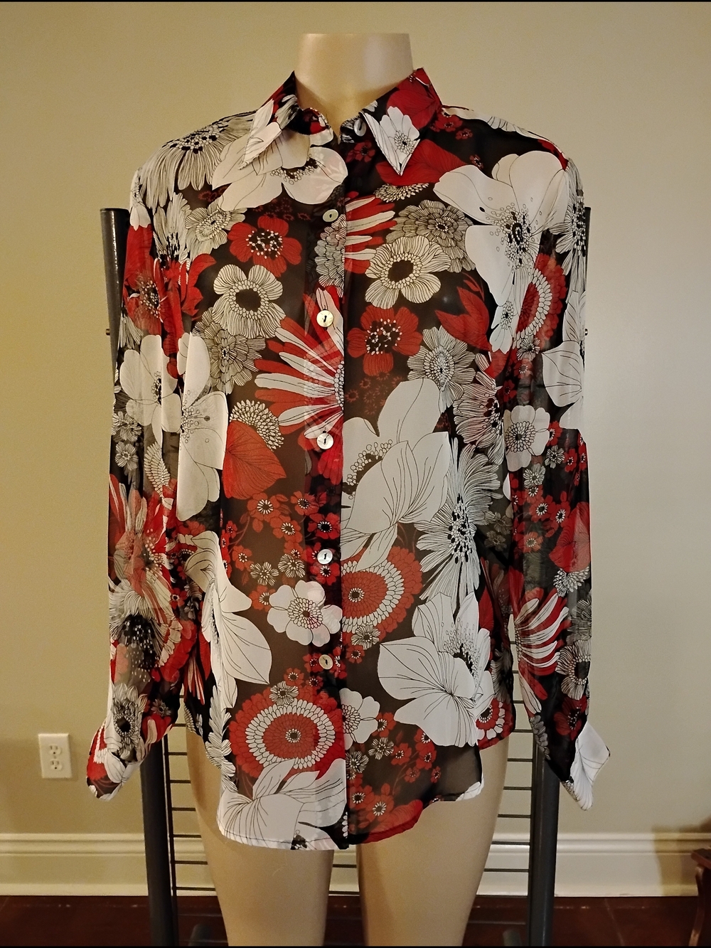 Floral Sheer Button-Down Blouse in Red, Black & White